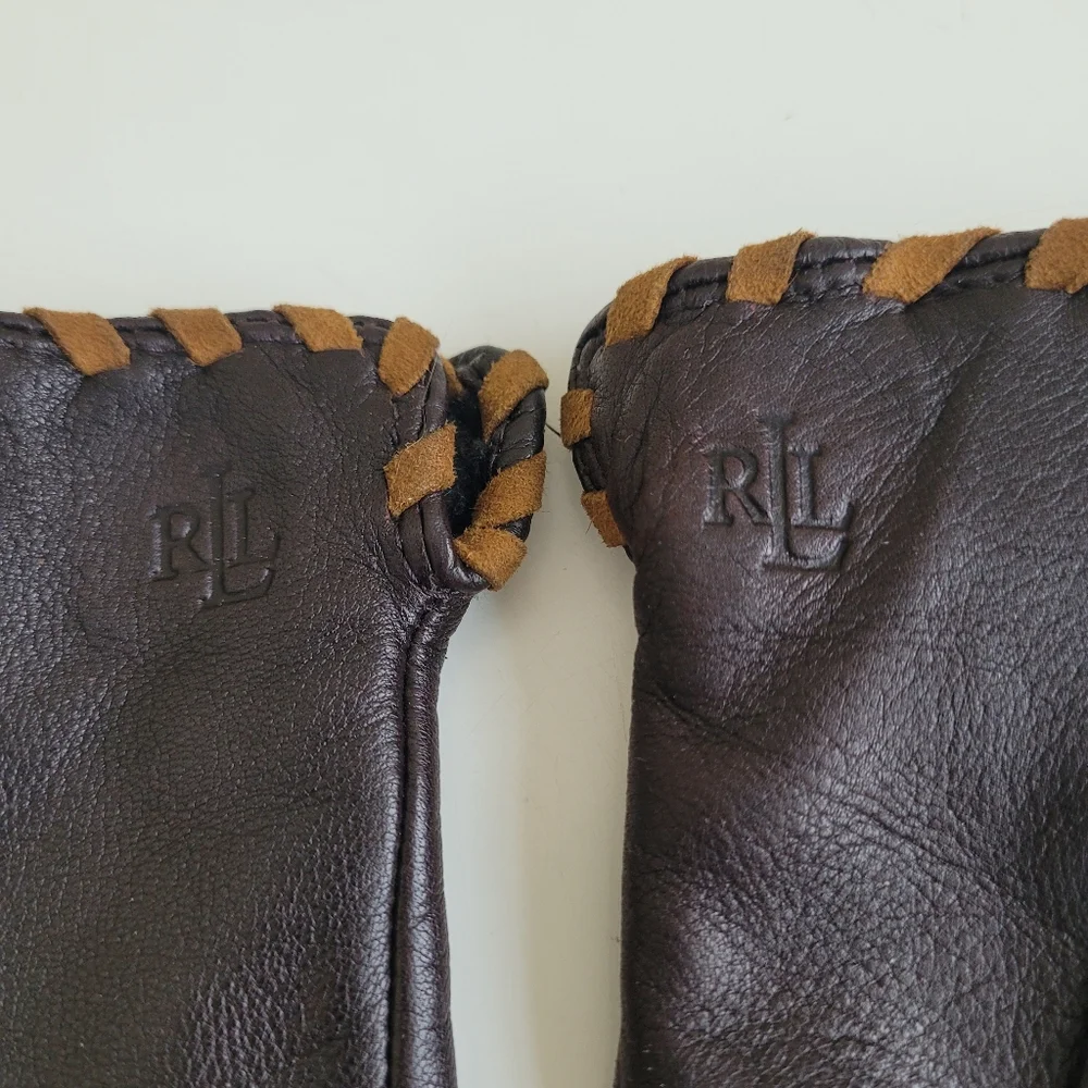 Lauren Ralph Lauren 100% Leather Gloves Black With Brown Trim Womens